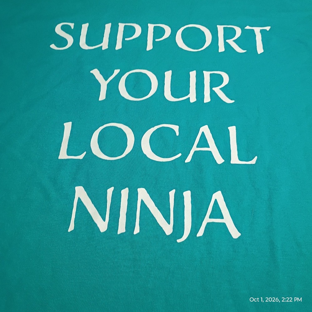 Gildan Graphic T-Shirt Women L Teal Blue Support Your Local Ninja Cheesecake